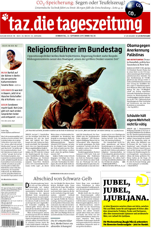 TAZ Titelseite mit Yoda statt Papst